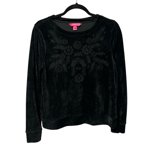 Lilly Pulitzer Onyx Black Embroidered Rami Velour Sweatshirt Womens Small - Picture 2 of 7
